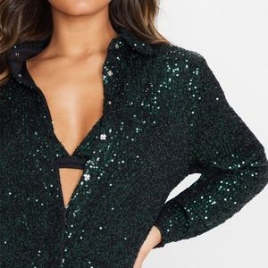 PRETTY LITTLE THING Sequin Shirt Emerald Green